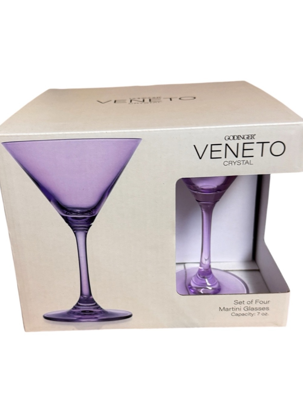 NIB Godinger 4 PC Purple Veneto Crystal Martini Glass Set